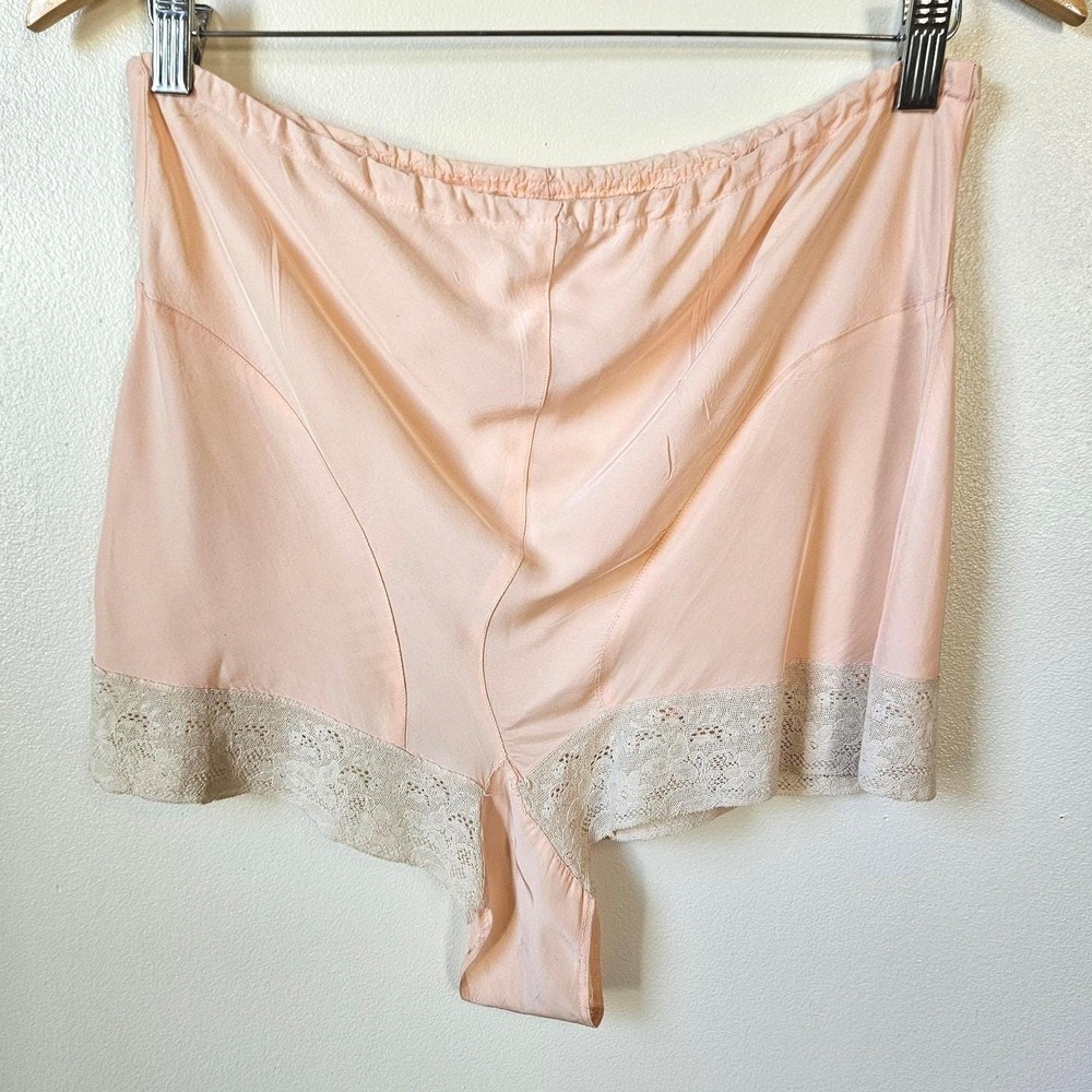 Vintage 30s 40s High Waisted Silk Sleep Tap Shorts Lingerie Lace Trim L Large